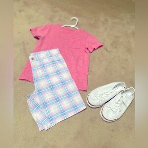 Janie and Jack boys Pink Top and new Plaid pink blue shorts Set size 7